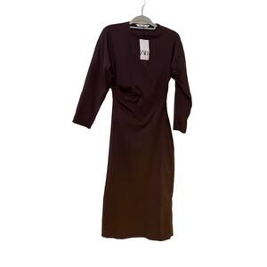 New Zara Dress Chocolate Brown Stretchy Minimalist Ruche Mid Length Glam